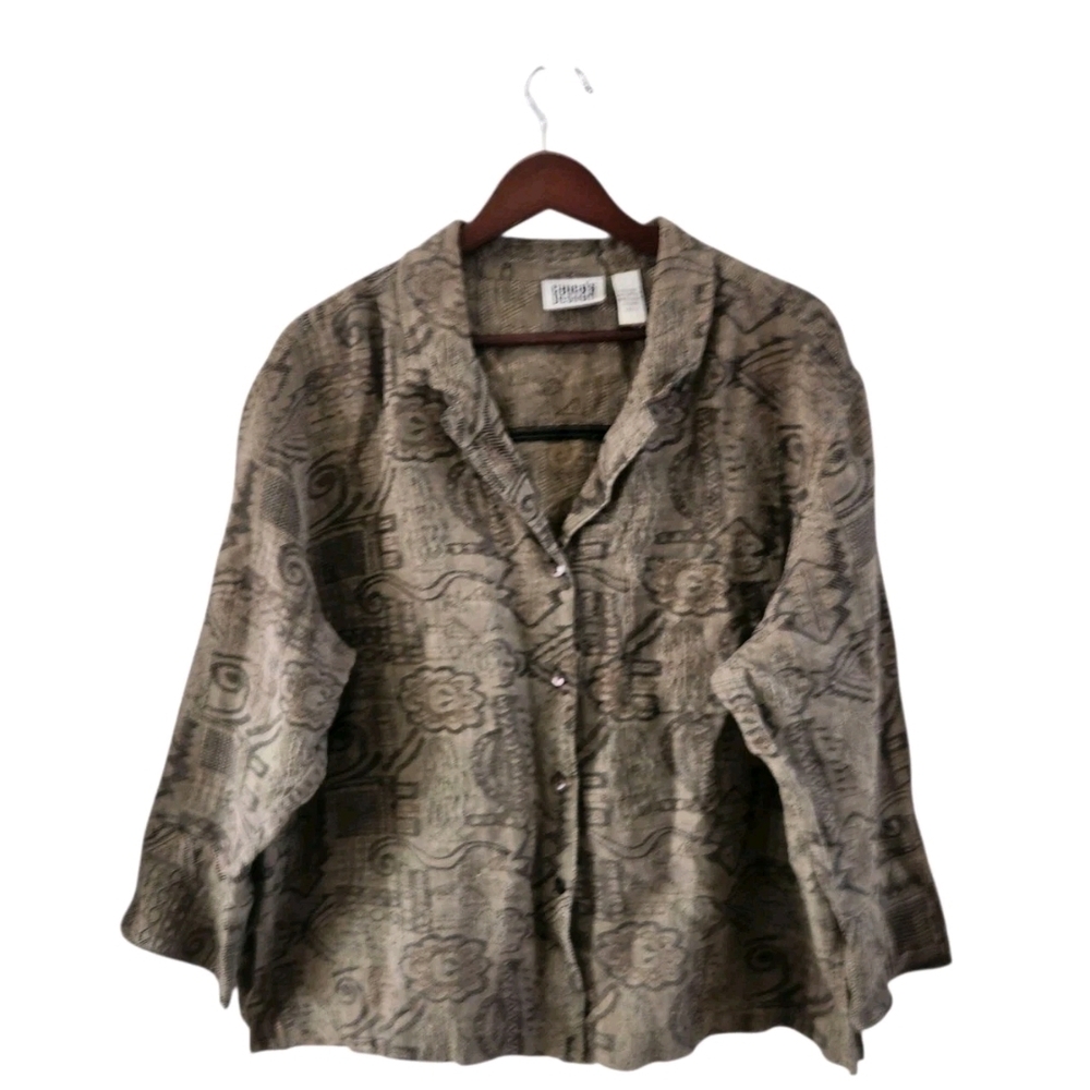 Chicos Button Front Linen Blend Brown Artsy Art To Wear Geometric Womens Size 3
